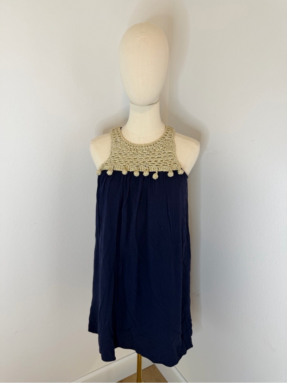 Lilly Pulitzer Navy Crepe Dress with Gold Crochet Neckline XXS